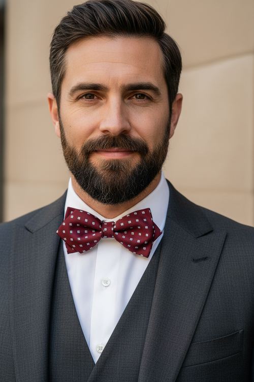 Bearded man wearing red diamond point bow tie