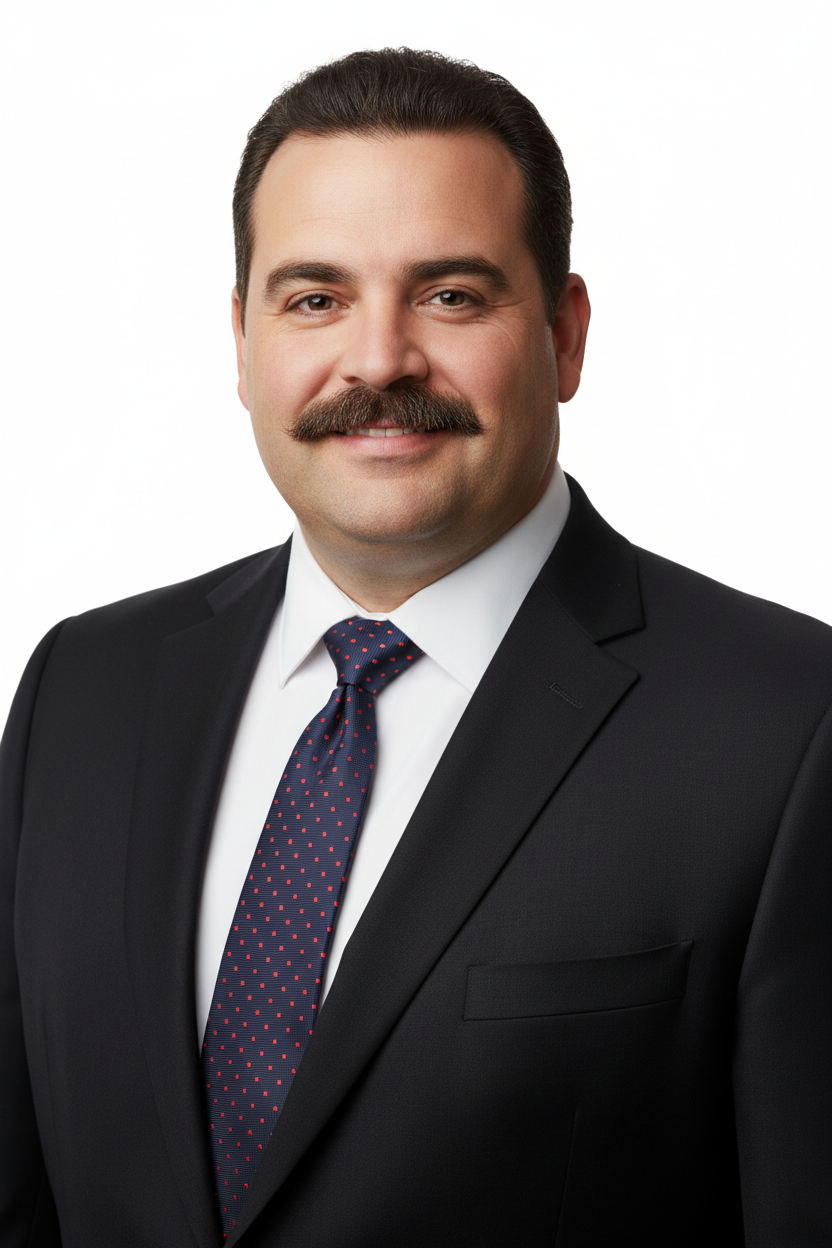 Chubby Man with Mustache and Navy Red Polka Dot Tie