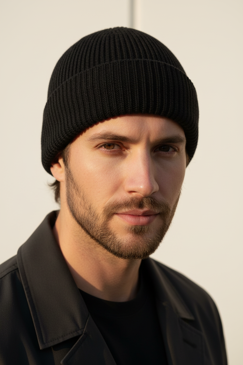 Man wearing black ribbed knit beanie