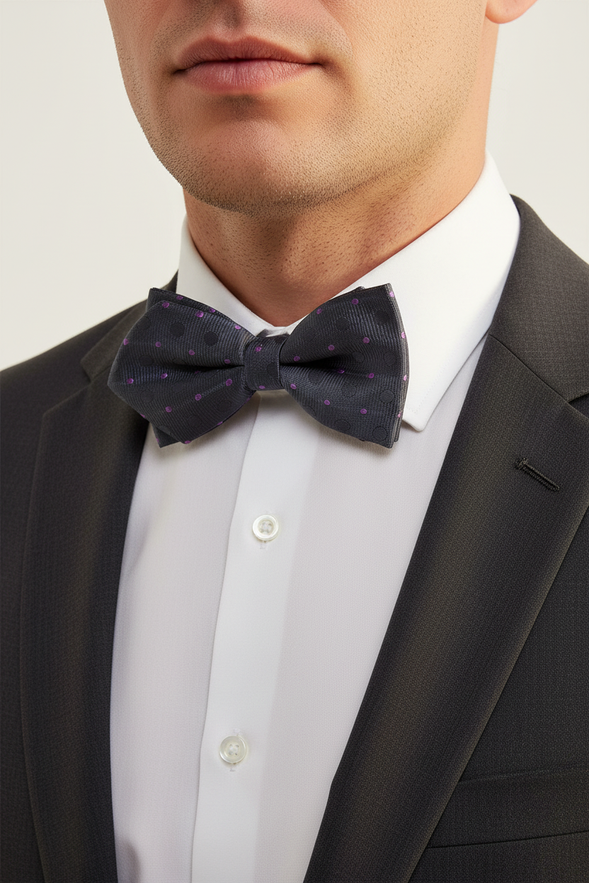 Man wearing dark grey diamond point bow tie with purple polka dots