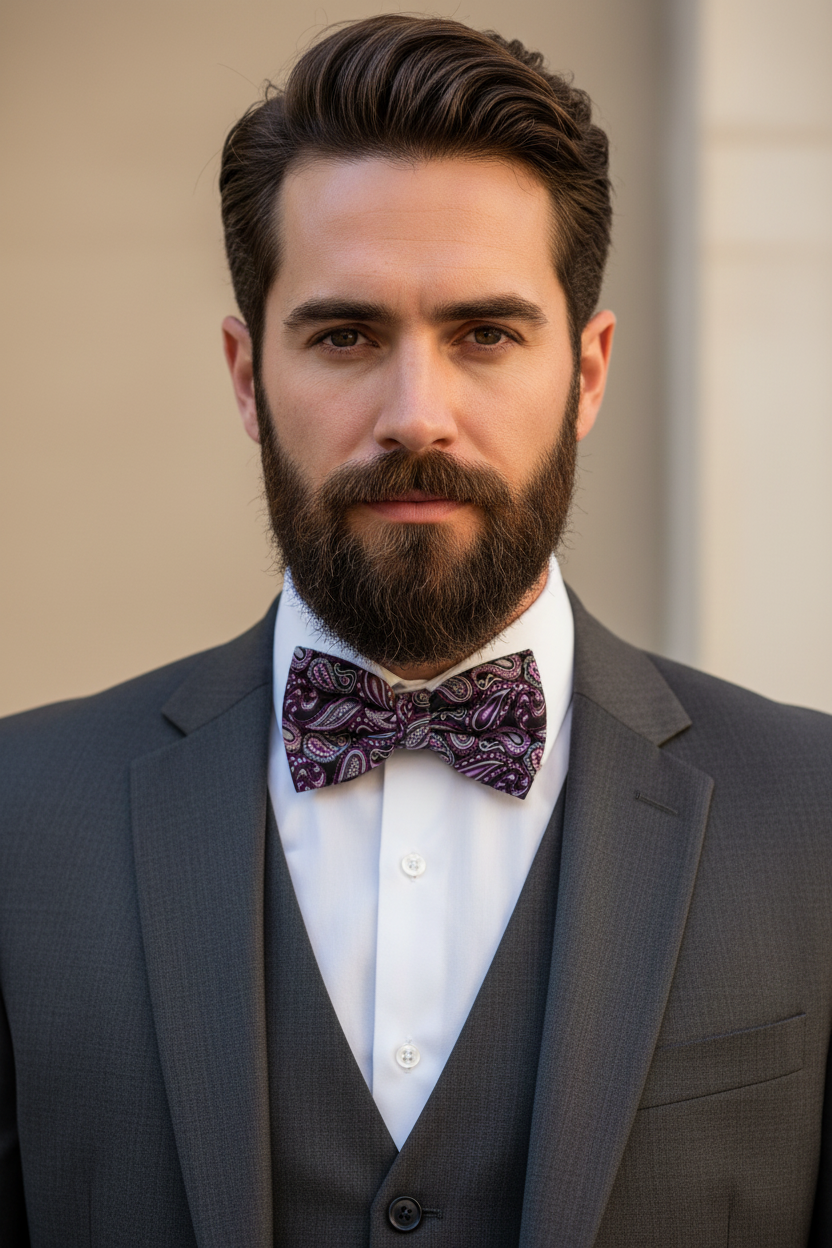 Man wearing purple black paisley diamond point bow tie