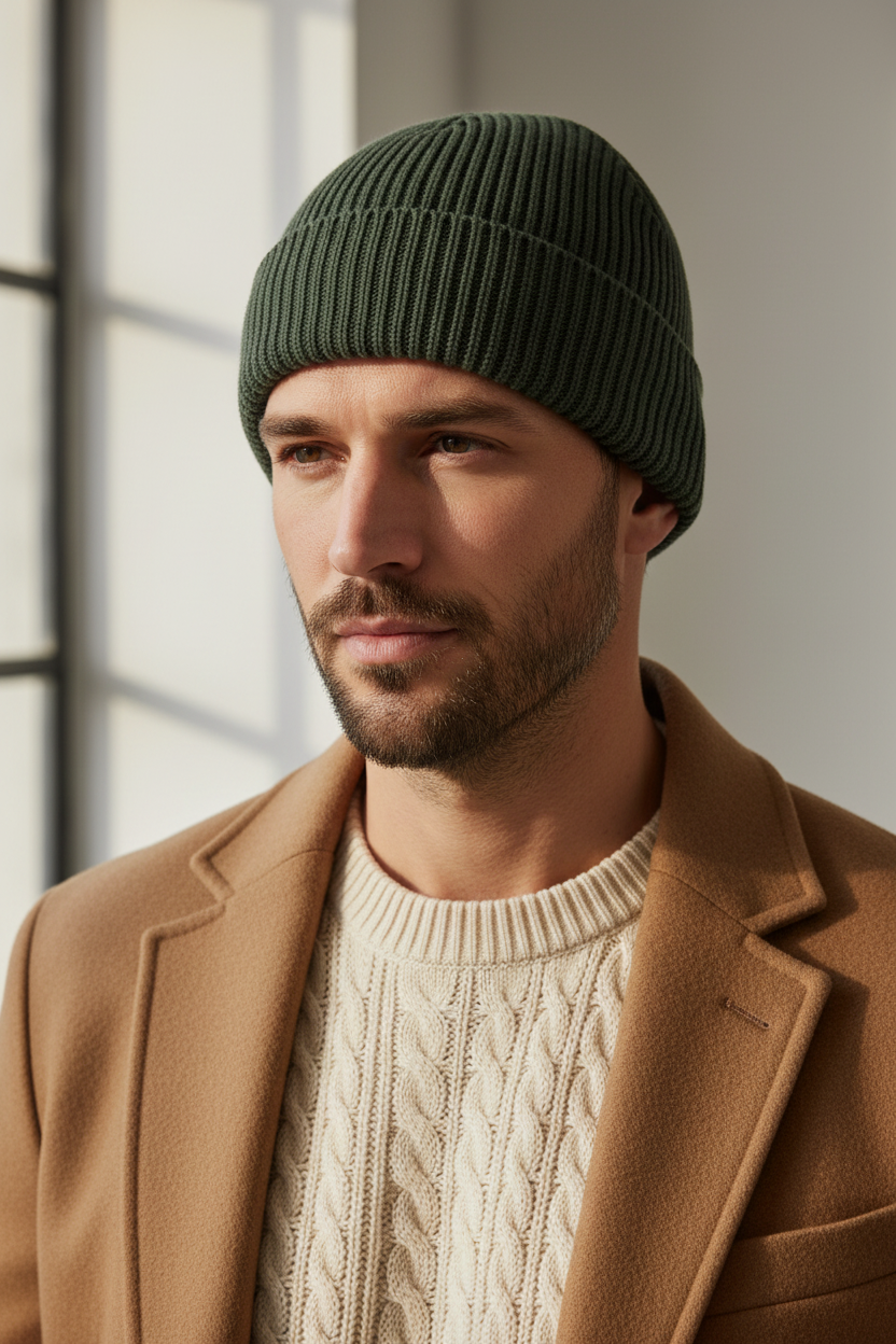 Man wearing ribbed knit beanie